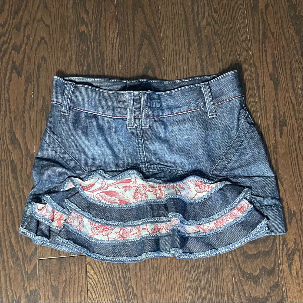Miss Sixty Y2K Denim Mini Skirt With Ruffles and Butterfly Print